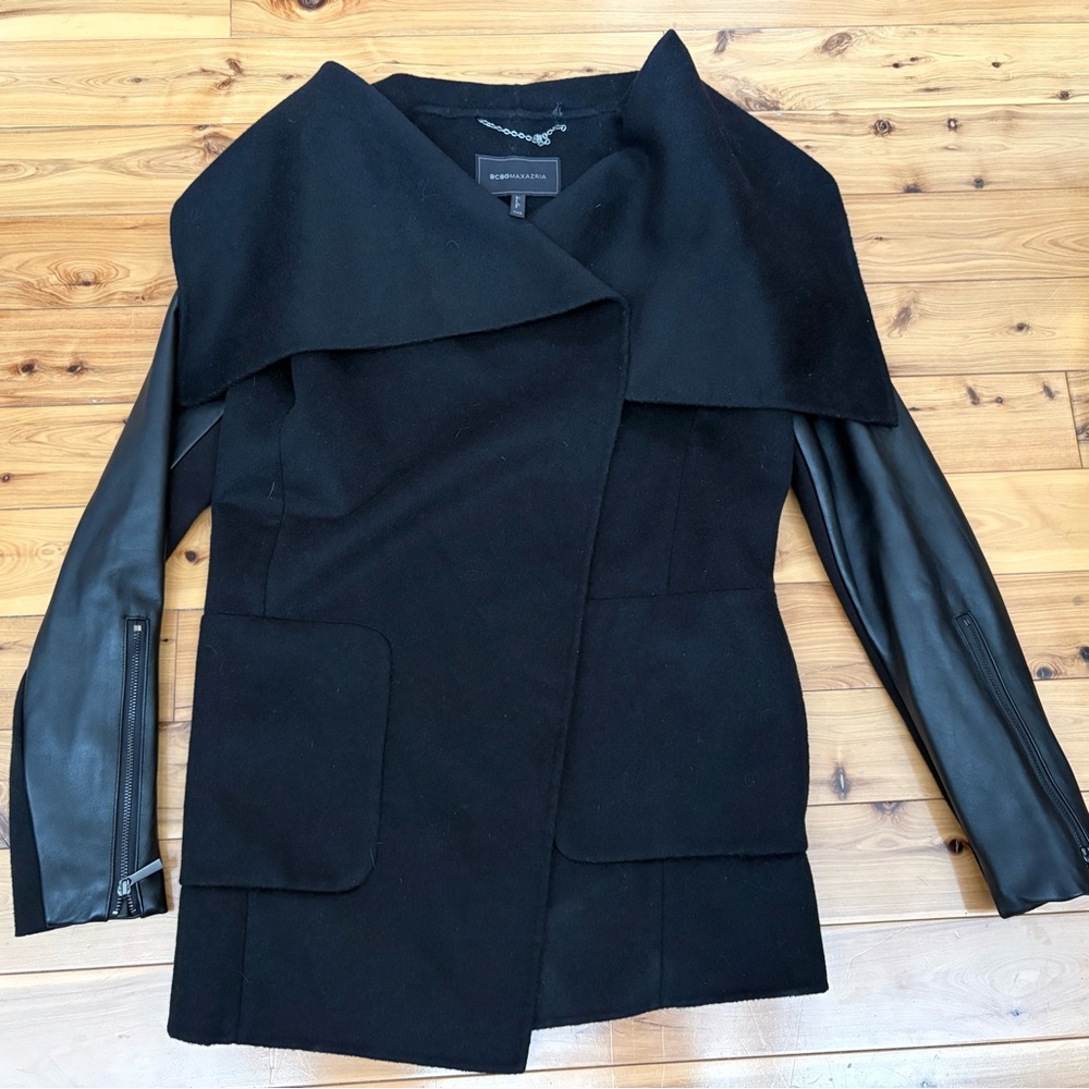 BCBGMaxAzria Edgy Black Coat with Leather Sleeves Avant Garde